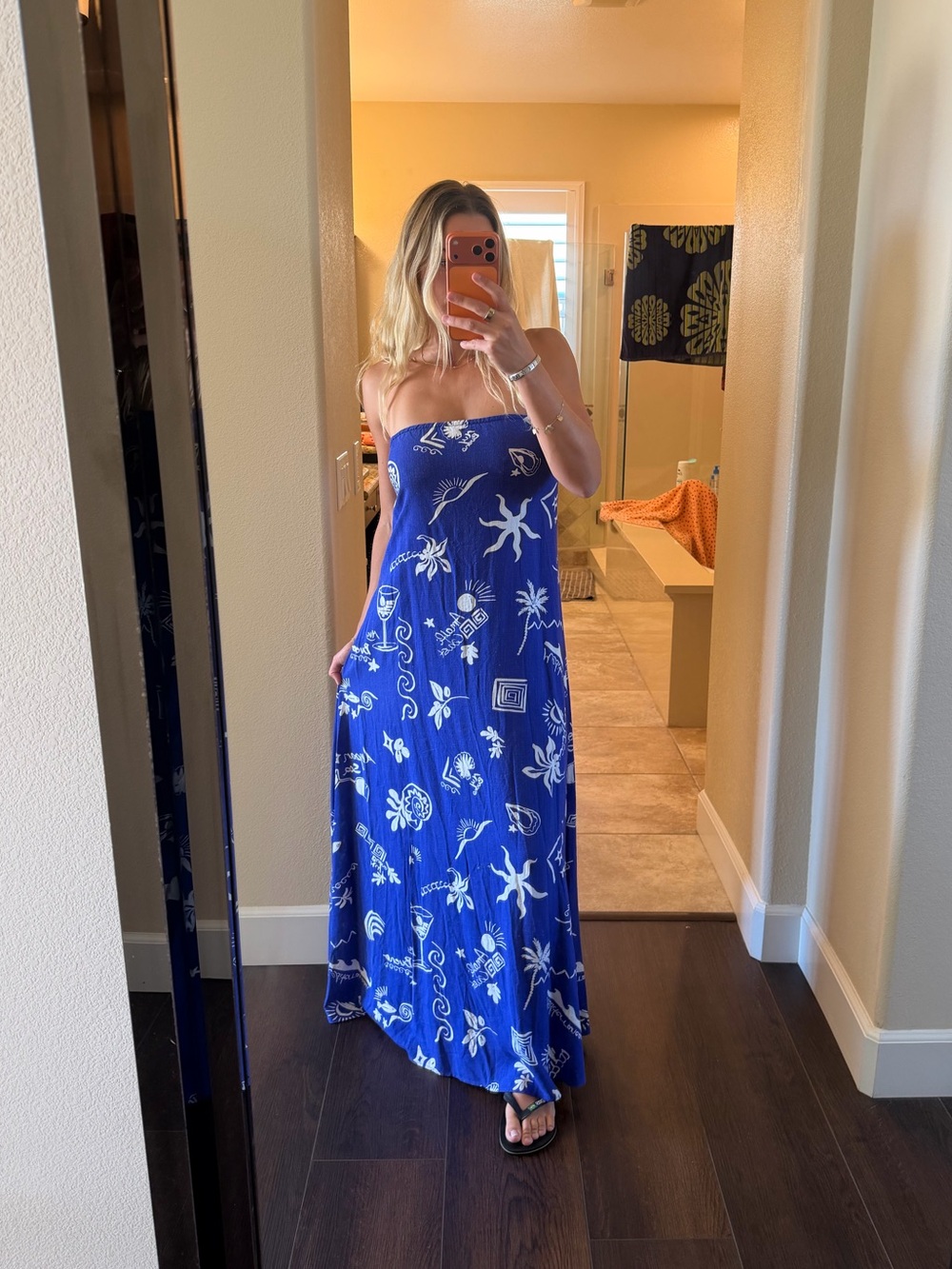 Paper Heart Blue & White Linen Blend Strapless or straps Maxi Dress Size S